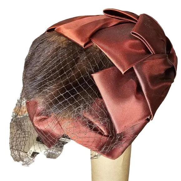 1950s Small Hat Brown Fur‎ Fabric Bow Netting Rust Orange Organza Housewife - Picture 11 of 11